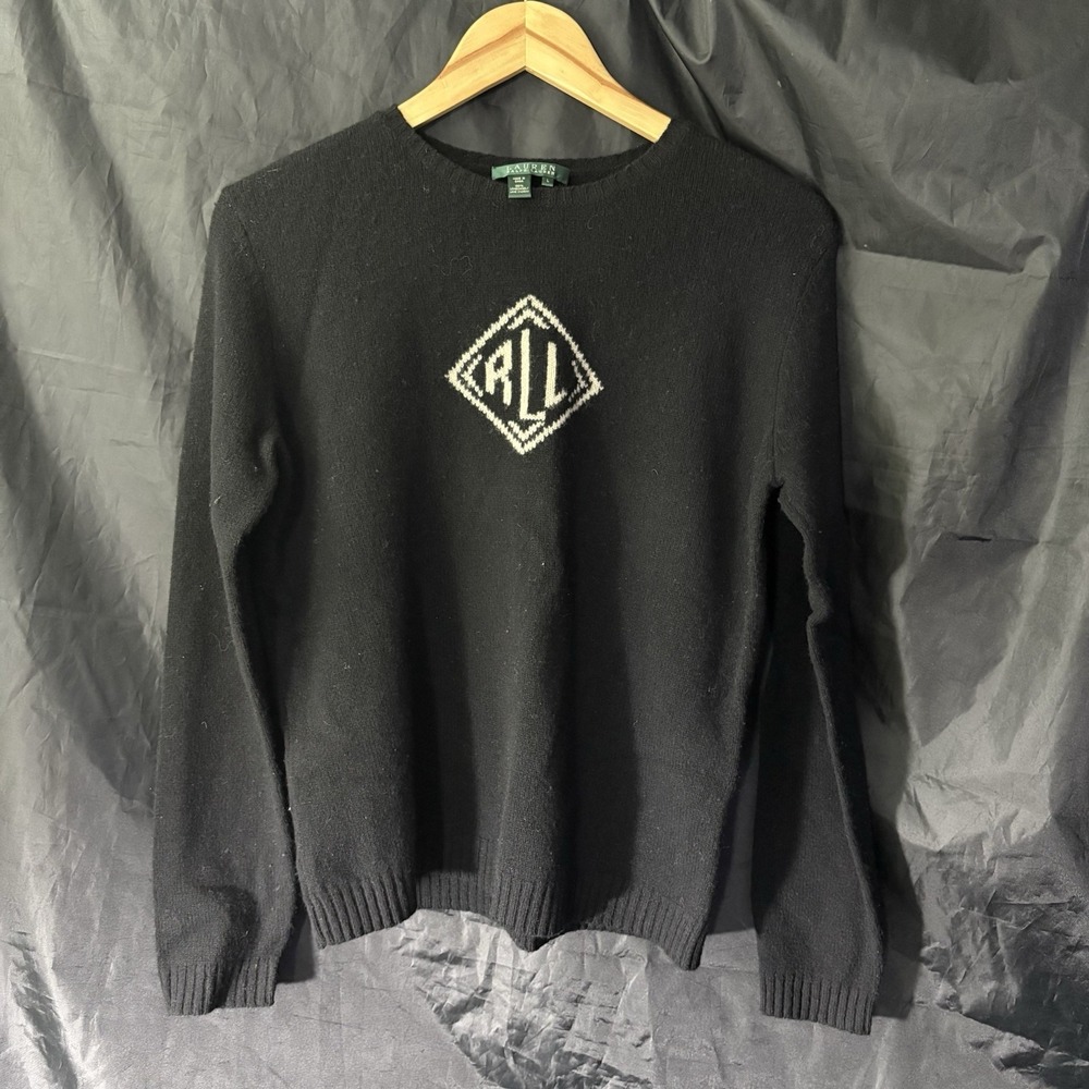 Lauren Ralph Lauren Black Logo Front Wool Knit CrewNeck Sweater‎ Women L
